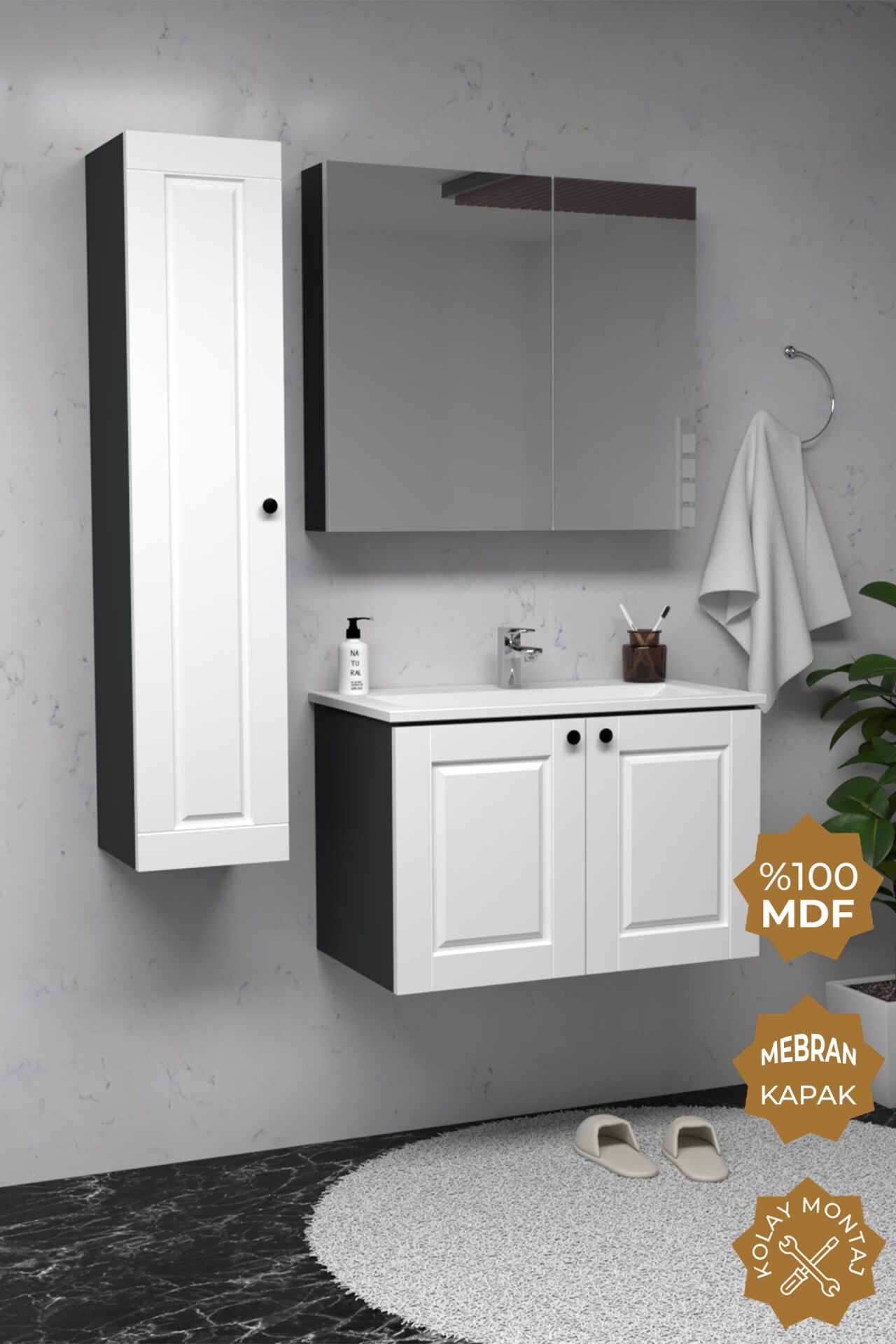 Teta Home Aldera 65 cm MDF Gövde Membran Kapak Banyo Dolabı Seti + Boy Dolabı Antrasit-Beyaz