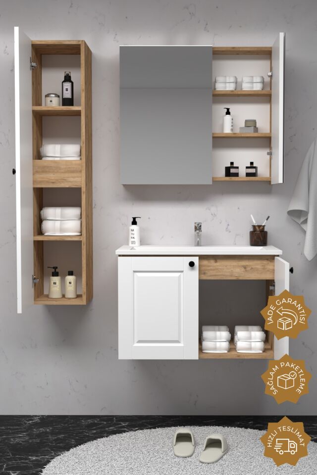 Teta Home Aldera 65 cm MDF Gövde Membran Kapak Banyo Dolabı Seti + Boy Dolabı Atlantik Çam- Beyaz
