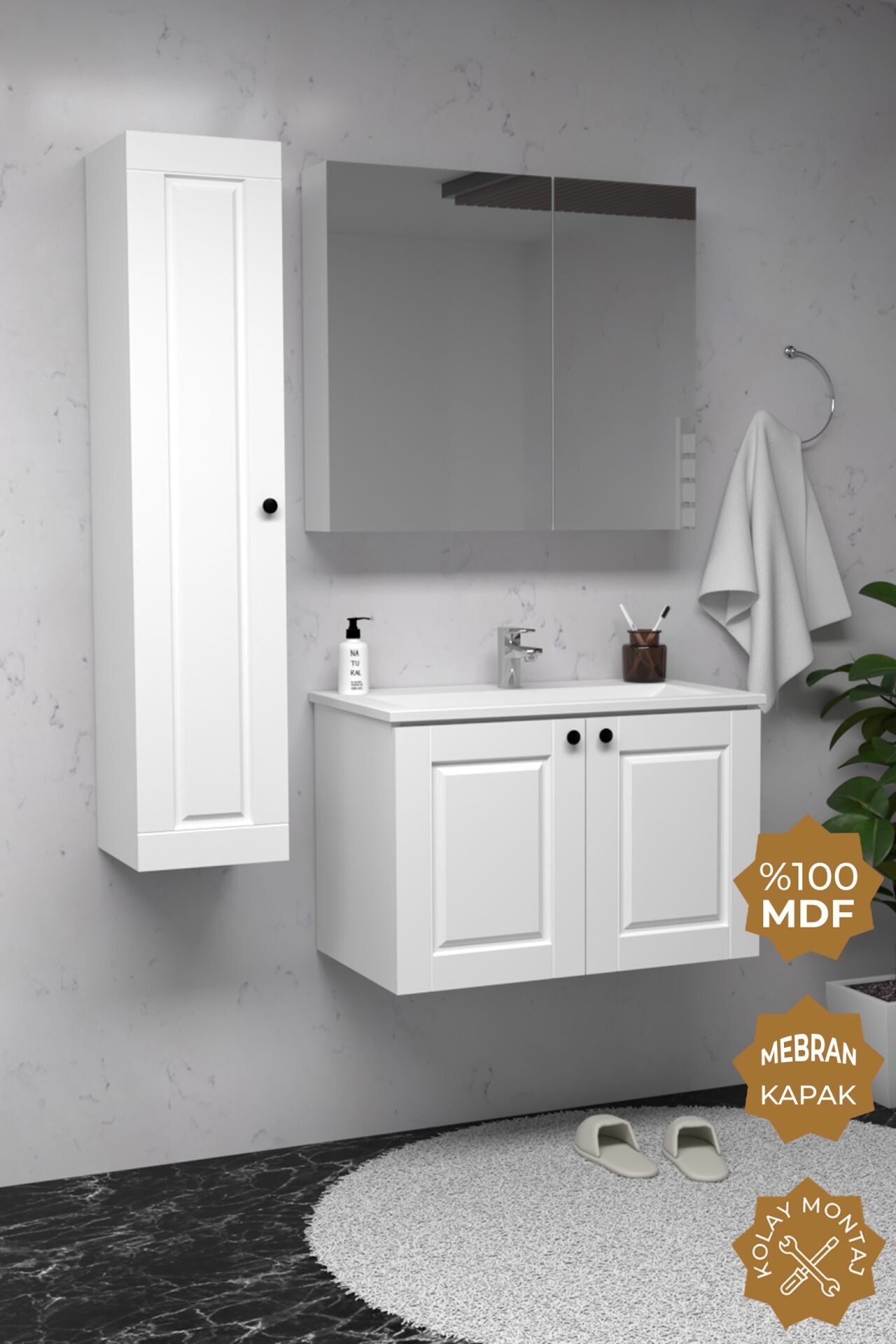 Teta Home Aldera 80 cm MDF Gövde Membran Kapak Banyo Dolabı Seti + Boy Dolabı Beyaz