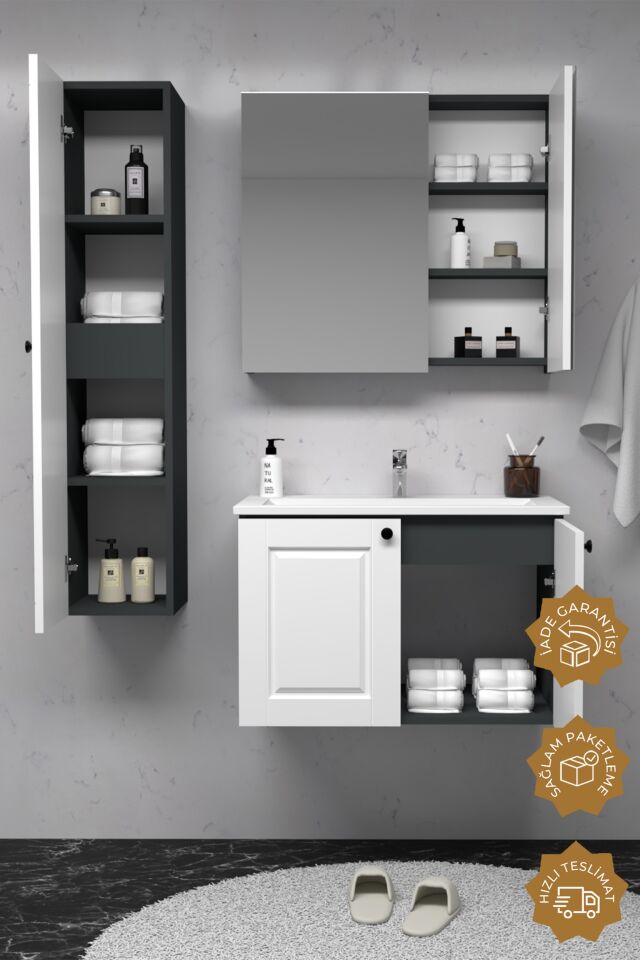 Teta Home Aldera 80 cm MDF Gövde Membran Kapak Banyo Dolabı Seti + Boy Dolabı Antrasit-Beyaz