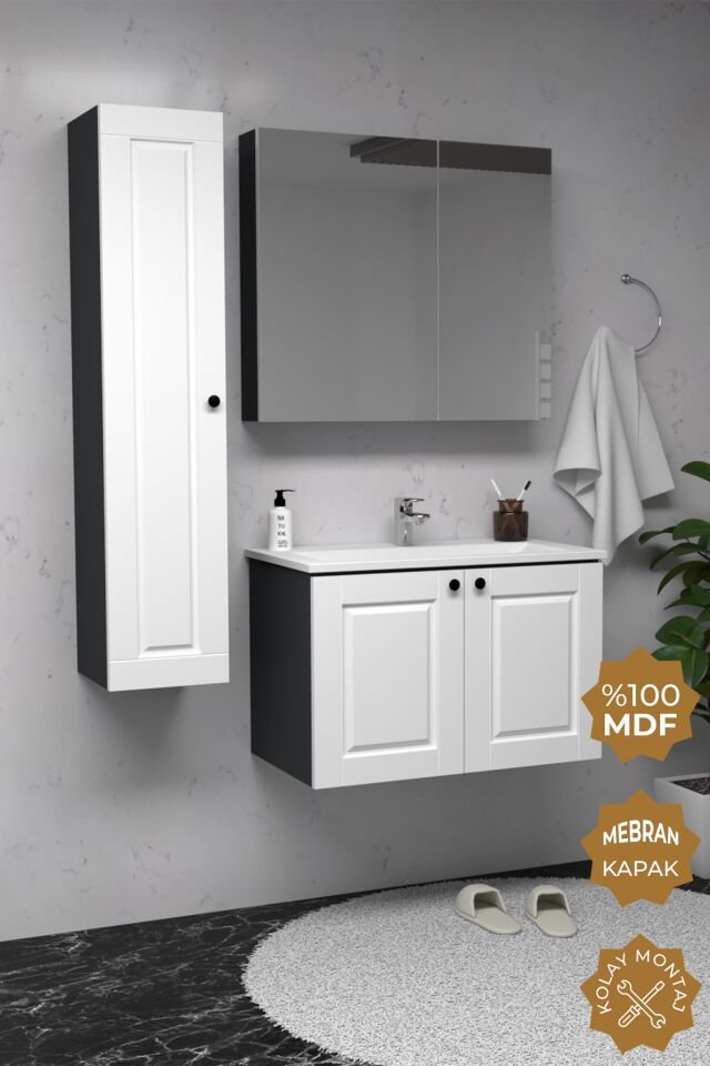 Teta Home Aldera 80 cm MDF Gövde Membran Kapak Banyo Dolabı Seti + Boy Dolabı Antrasit-Beyaz
