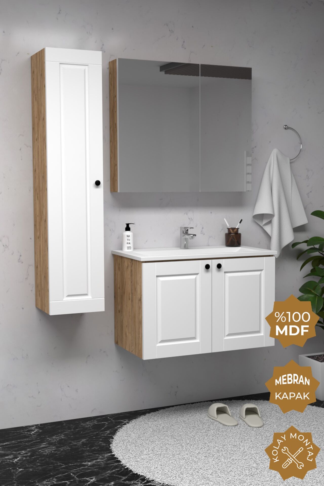 Teta Home Aldera 80 cm MDF Gövde Membran Kapak Banyo Dolabı Seti + Boy Dolabı Atlantik Çam- Beyaz