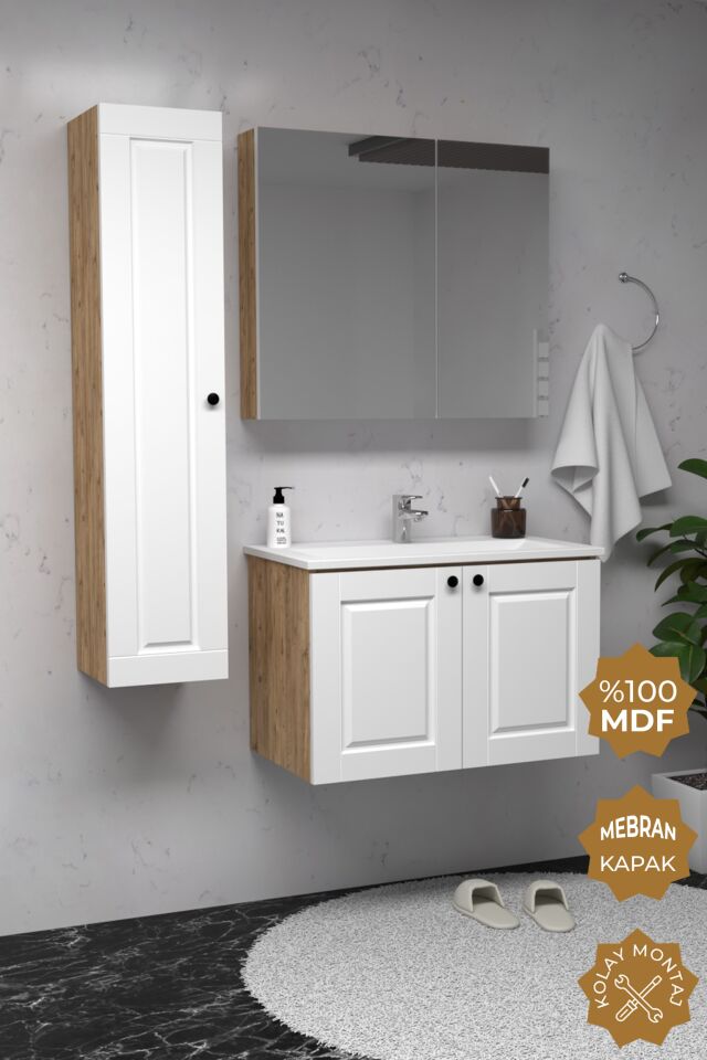 Teta Home Aldera 80 cm MDF Gövde Membran Kapak Banyo Dolabı Seti + Boy Dolabı Atlantik Çam- Beyaz