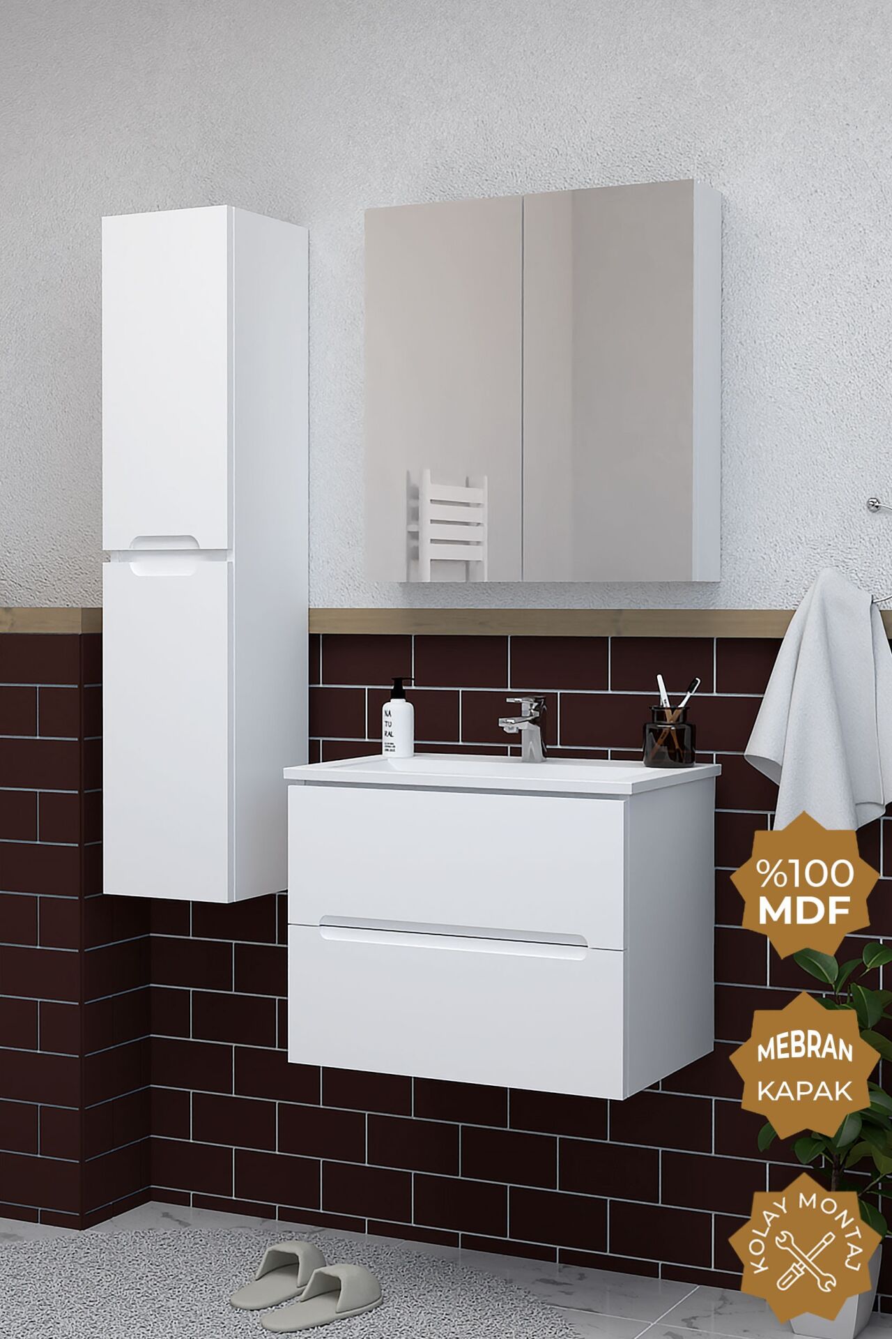 Teta Home Kopenhag 80 cm MDF Gövde Membran Kapak Banyo Dolabı Seti + Boy Dolabı Beyaz