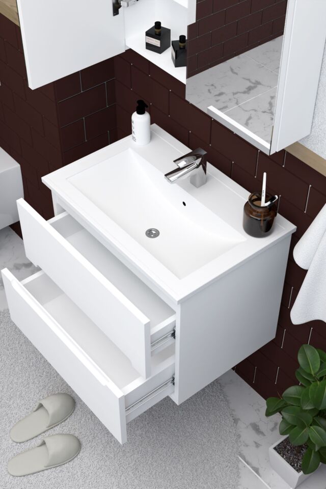 Teta Home Kopenhag 80 cm MDF Gövde Membran Kapak Banyo Dolabı Seti + Boy Dolabı Beyaz