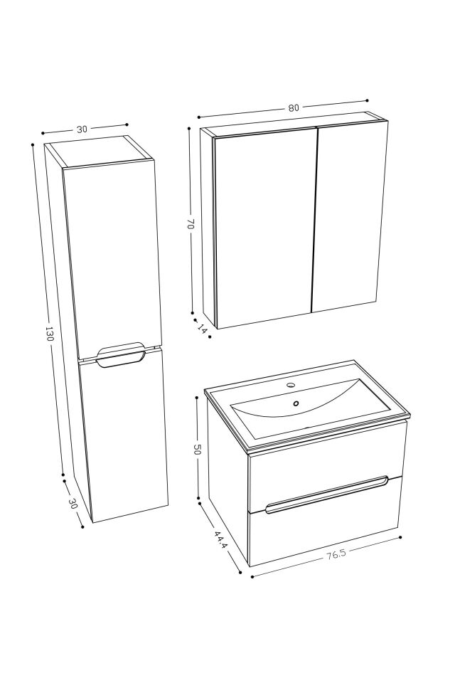 Teta Home Kopenhag 80 cm MDF Gövde Membran Kapak Banyo Dolabı Seti + Boy Dolabı Atlantik Çam- Beyaz