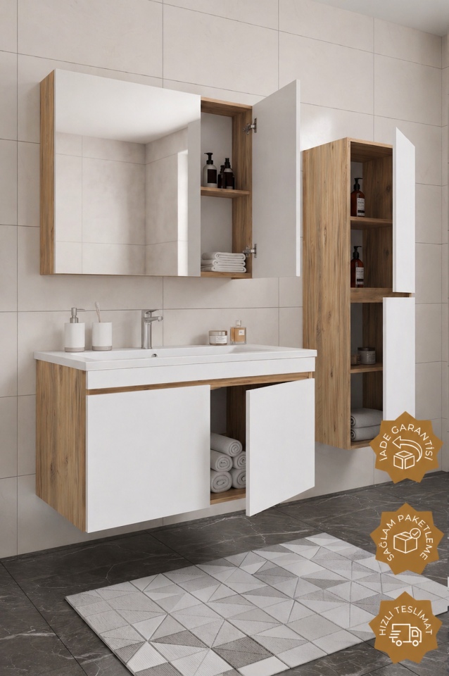 Teta Home Tokyo 100 cm MDF Banyo Dolabı Seti + Boy Dolabı Atlantik Çam-Beyaz