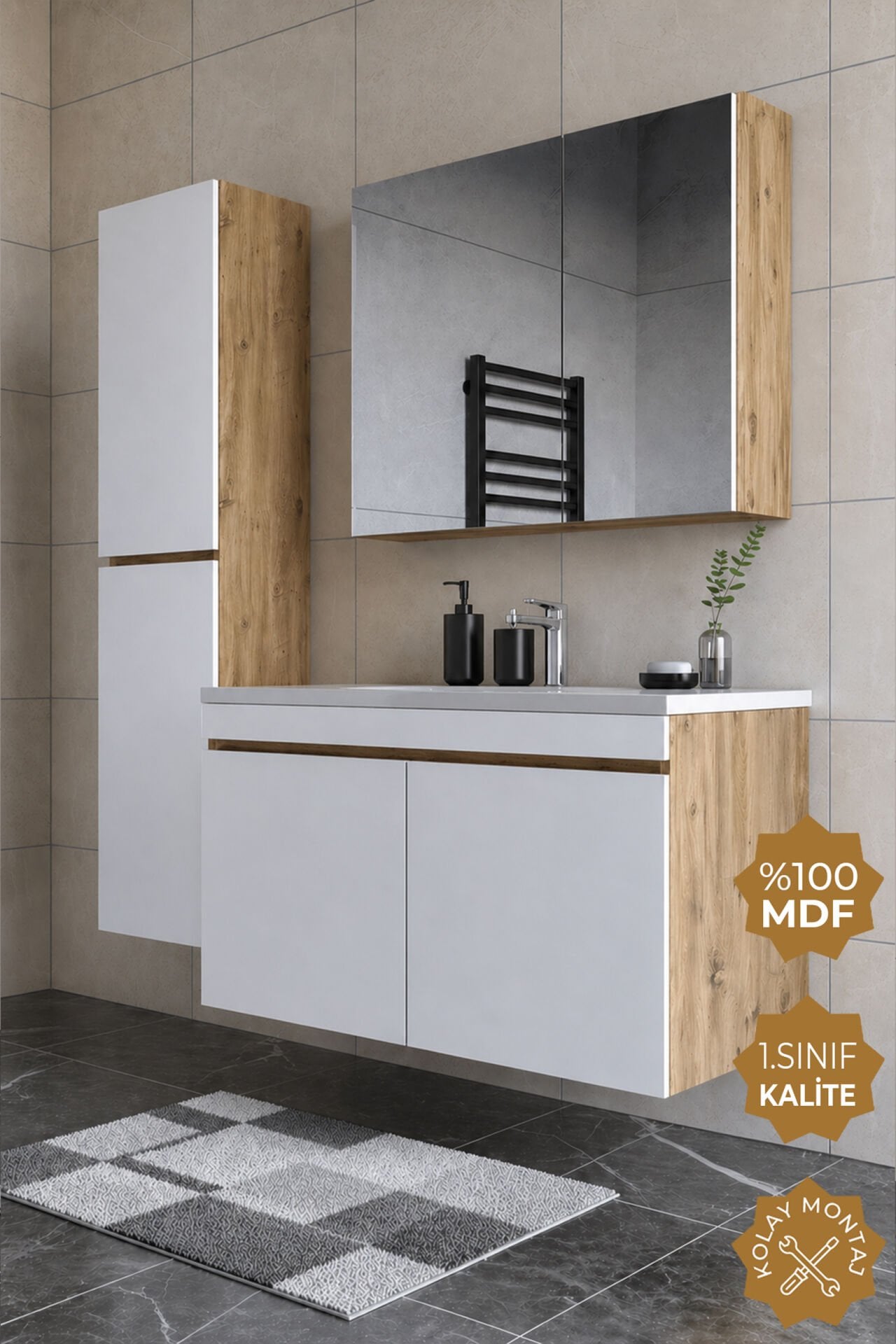 Teta Home Tokyo 100 cm MDF Banyo Dolabı Seti + Boy Dolabı Atlantik Çam-Beyaz
