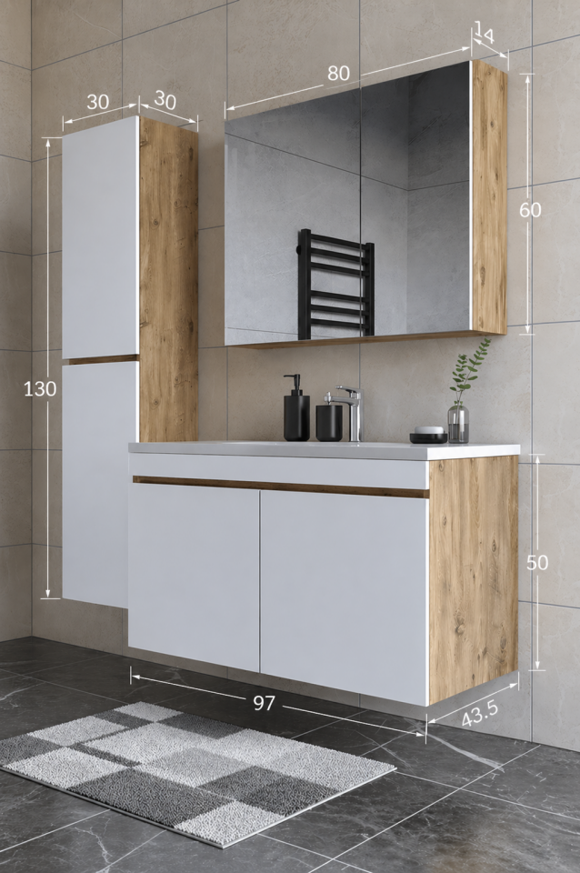 Teta Home Tokyo 100 cm MDF Banyo Dolabı Seti + Boy Dolabı Atlantik Çam-Beyaz