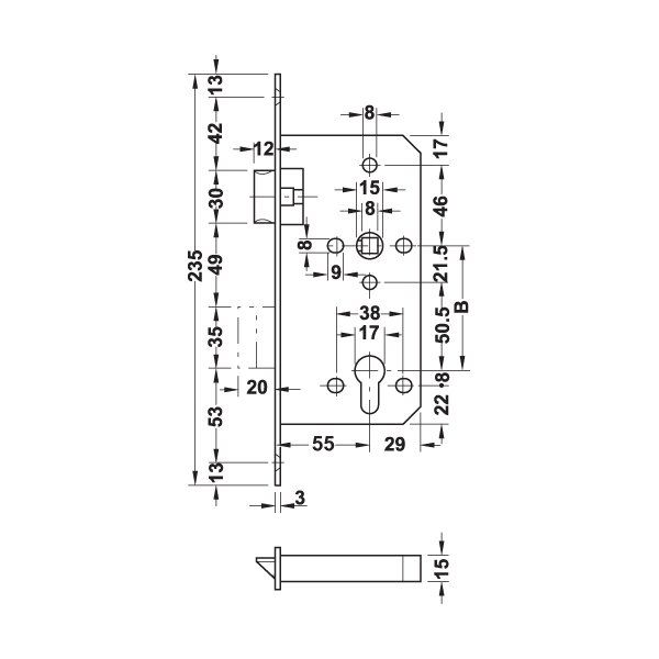 Hafele Gömme (Metal Dilli) Kilit H55.09 Barelli 55/20mm Parlak Pirinç Renk