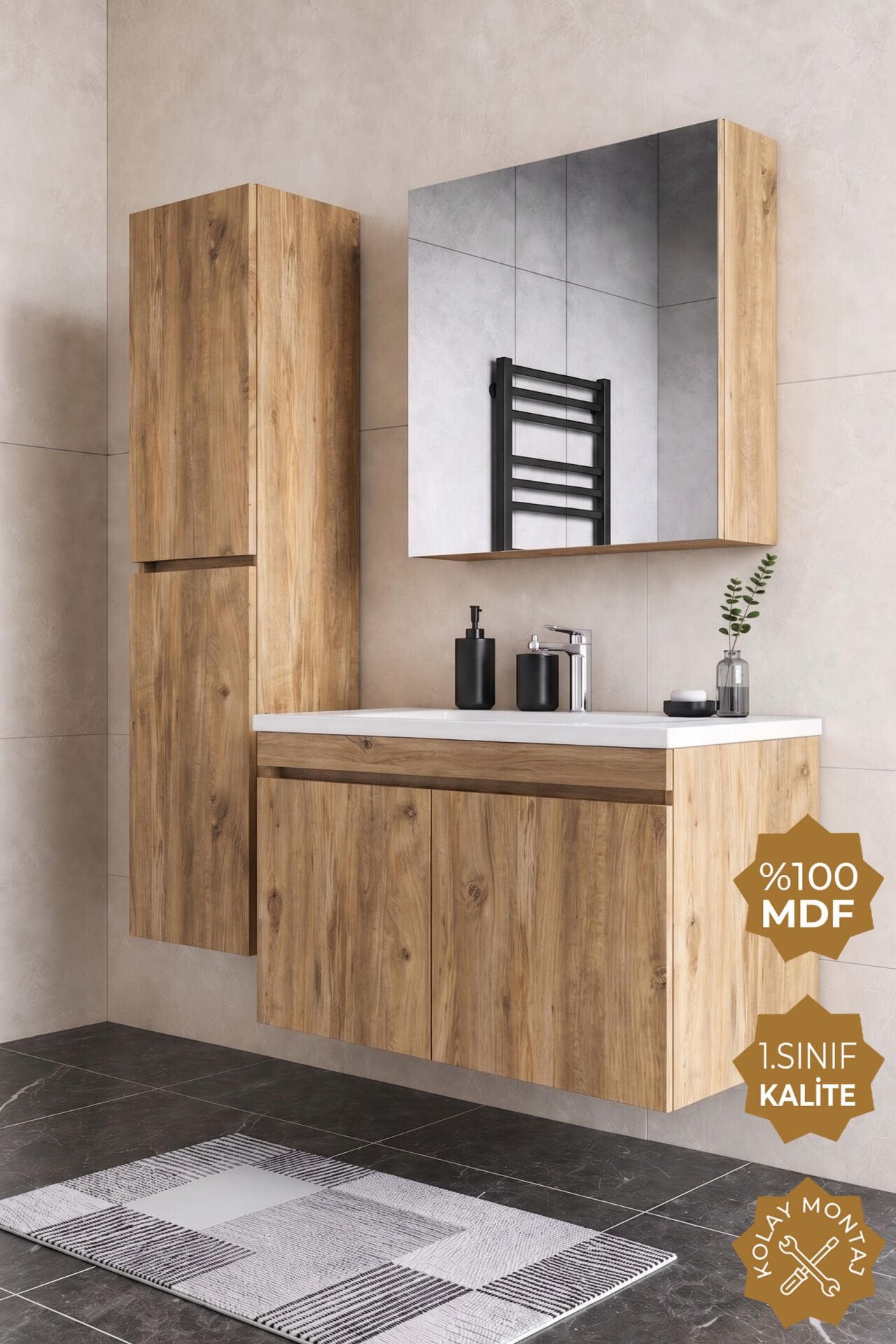 Teta Home Tokyo 100 cm MDF Banyo Dolabı Seti + Boy Dolabı Atlantik Çam