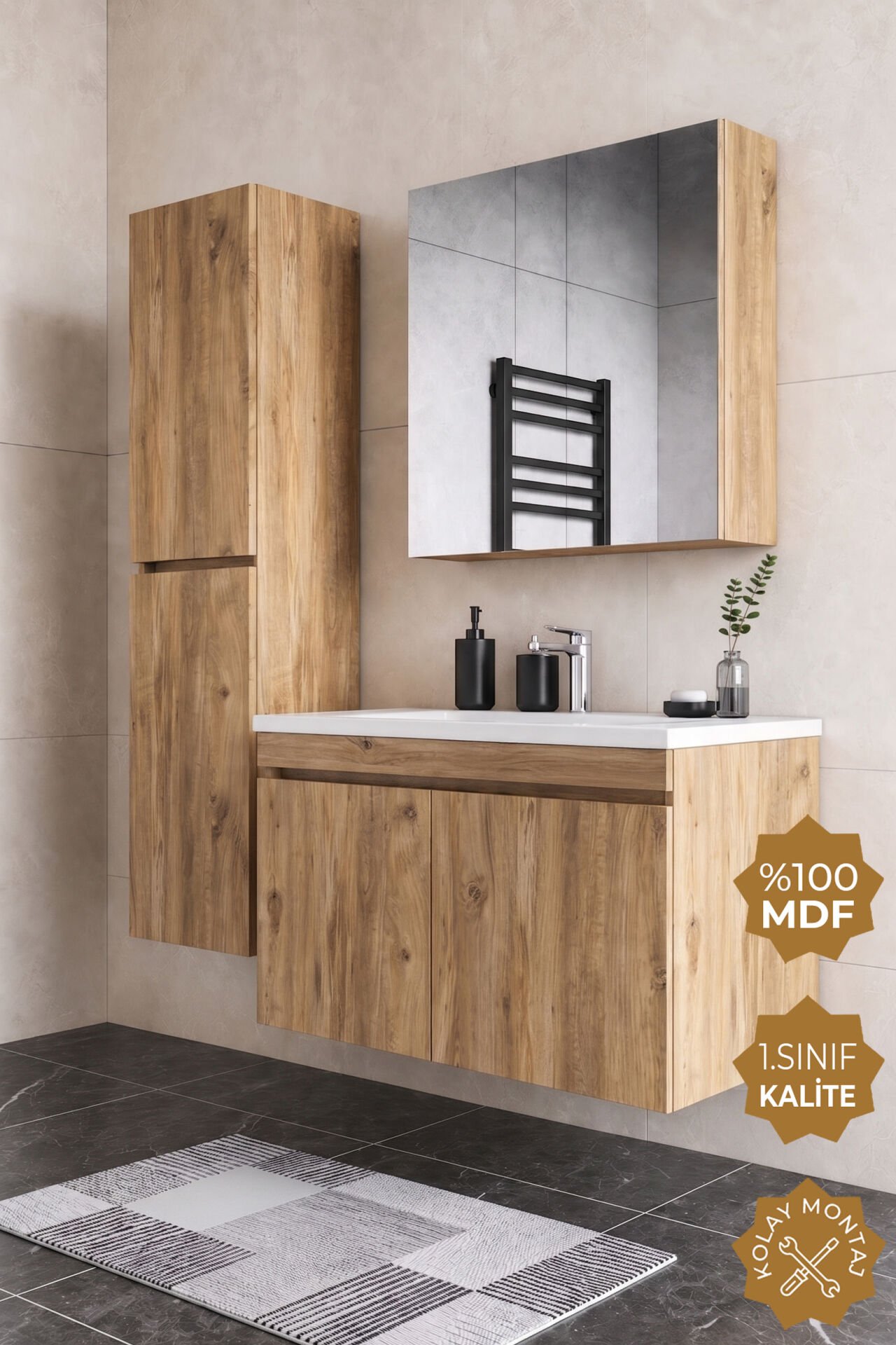 Teta Home Tokyo 100 cm MDF Banyo Dolabı Seti + Boy Dolabı Atlantik Çam