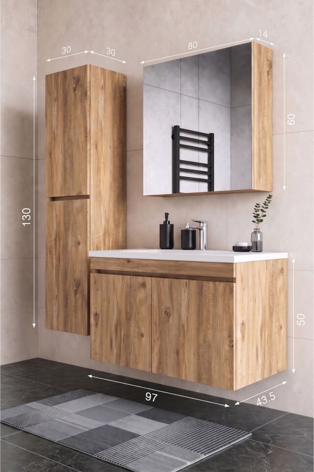 Teta Home Tokyo 100 cm MDF Banyo Dolabı Seti + Boy Dolabı Atlantik Çam