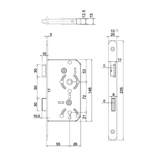 Hafele Gömme Kilit Banyo Tipi (WC) Tipi 55/20mm, Sol Yönlü Mat Siyah Renk
