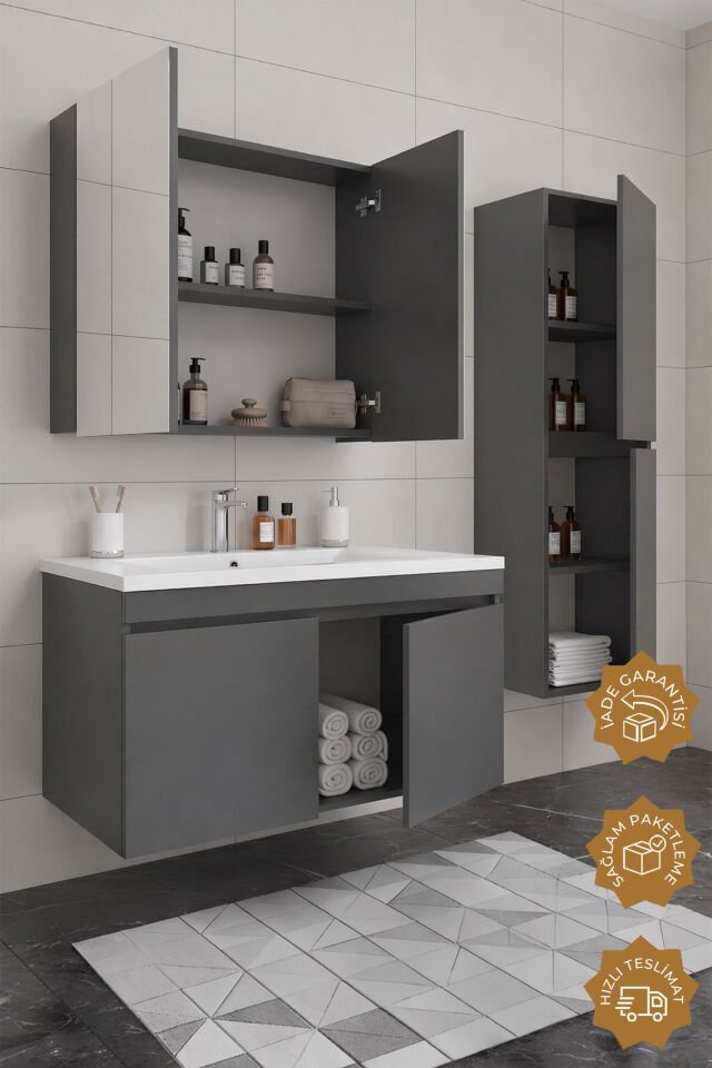 Teta Home Tokyo 100 cm MDF Banyo Dolabı Seti + Boy Dolabı Antrasit
