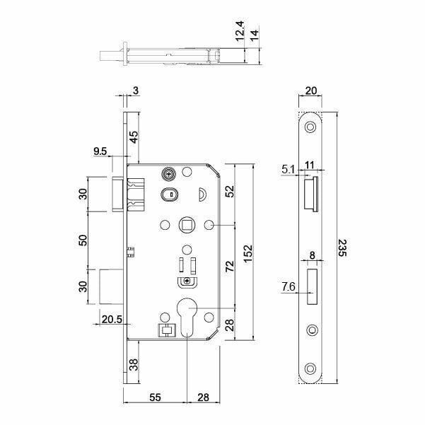 Hafele Gömme Kilit Barelli Tipi 55/18mm, Sağ Yönlü Paslanmaz Çelik Renk