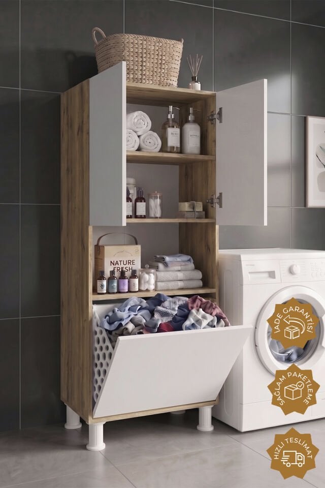 Teta Home Kirli Çamaşır Sepetli Banyo Kiler Çok Amaçlı Dolap Atlantik Çam-Beyaz