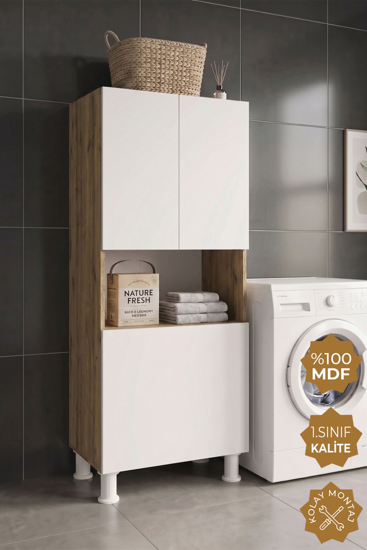 Teta Home Kirli Çamaşır Sepetli Banyo Kiler Çok Amaçlı Dolap Atlantik Çam-Beyaz