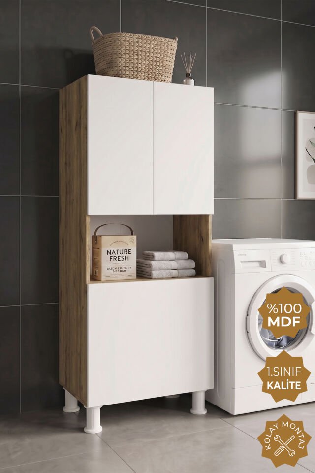 Teta Home Kirli Çamaşır Sepetli Banyo Kiler Çok Amaçlı Dolap Atlantik Çam-Beyaz