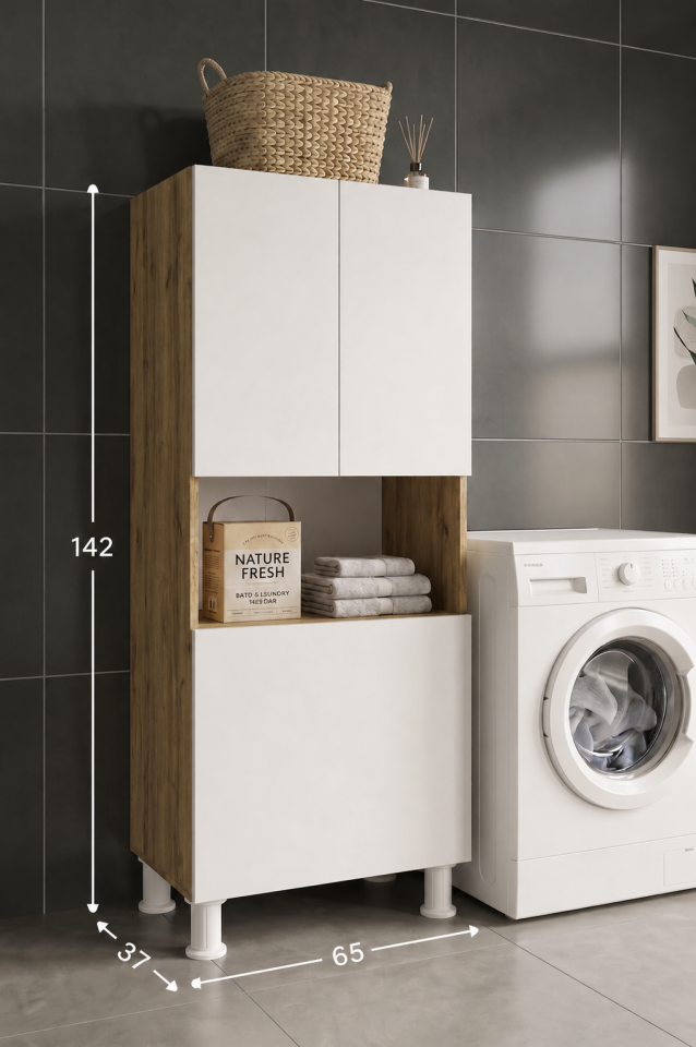 Teta Home Kirli Çamaşır Sepetli Banyo Kiler Çok Amaçlı Dolap Atlantik Çam-Beyaz