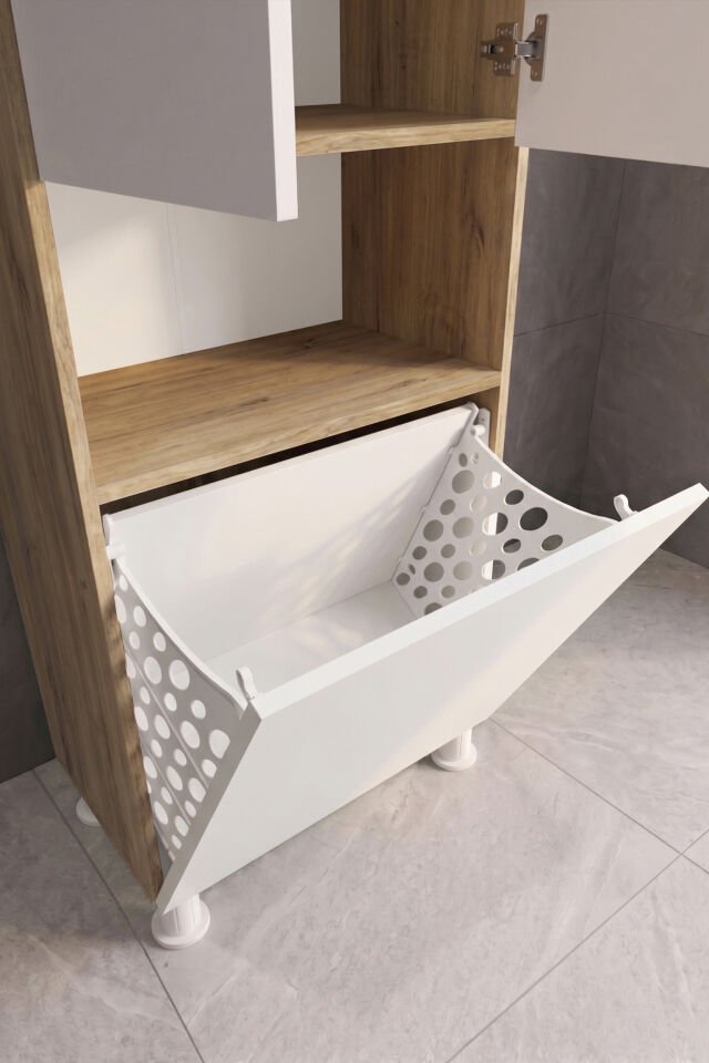 Teta Home Kirli Çamaşır Sepetli Banyo Kiler Çok Amaçlı Dolap Atlantik Çam-Beyaz