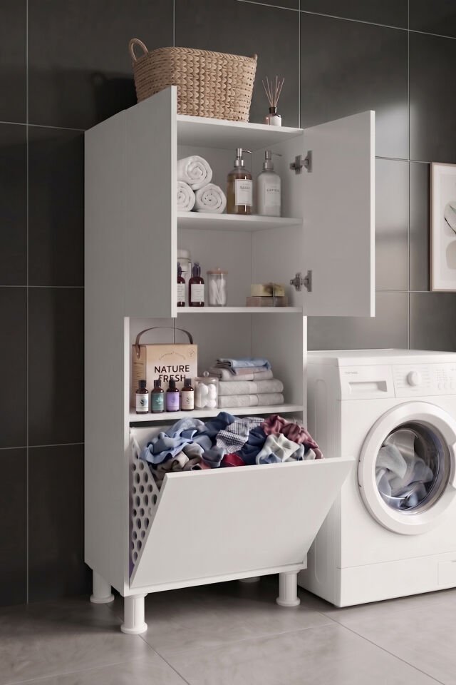 Teta Home Kirli Çamaşır Sepetli Banyo Kiler Çok Amaçlı Dolap Beyaz