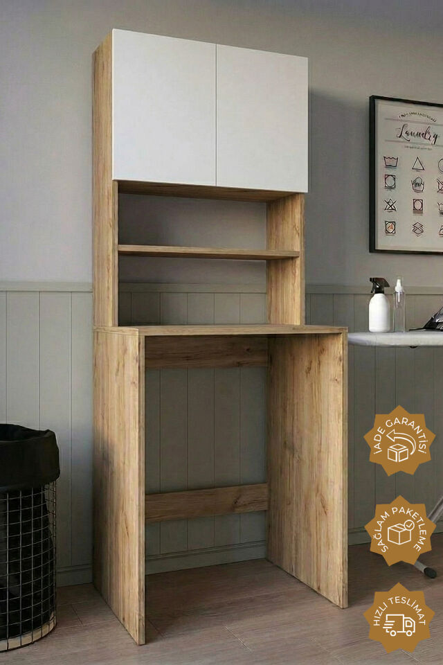Teta Home Çamaşır Makinesi Dolabı + Kapaklı Kiler Dolabı Atlantik Çam-Beyaz