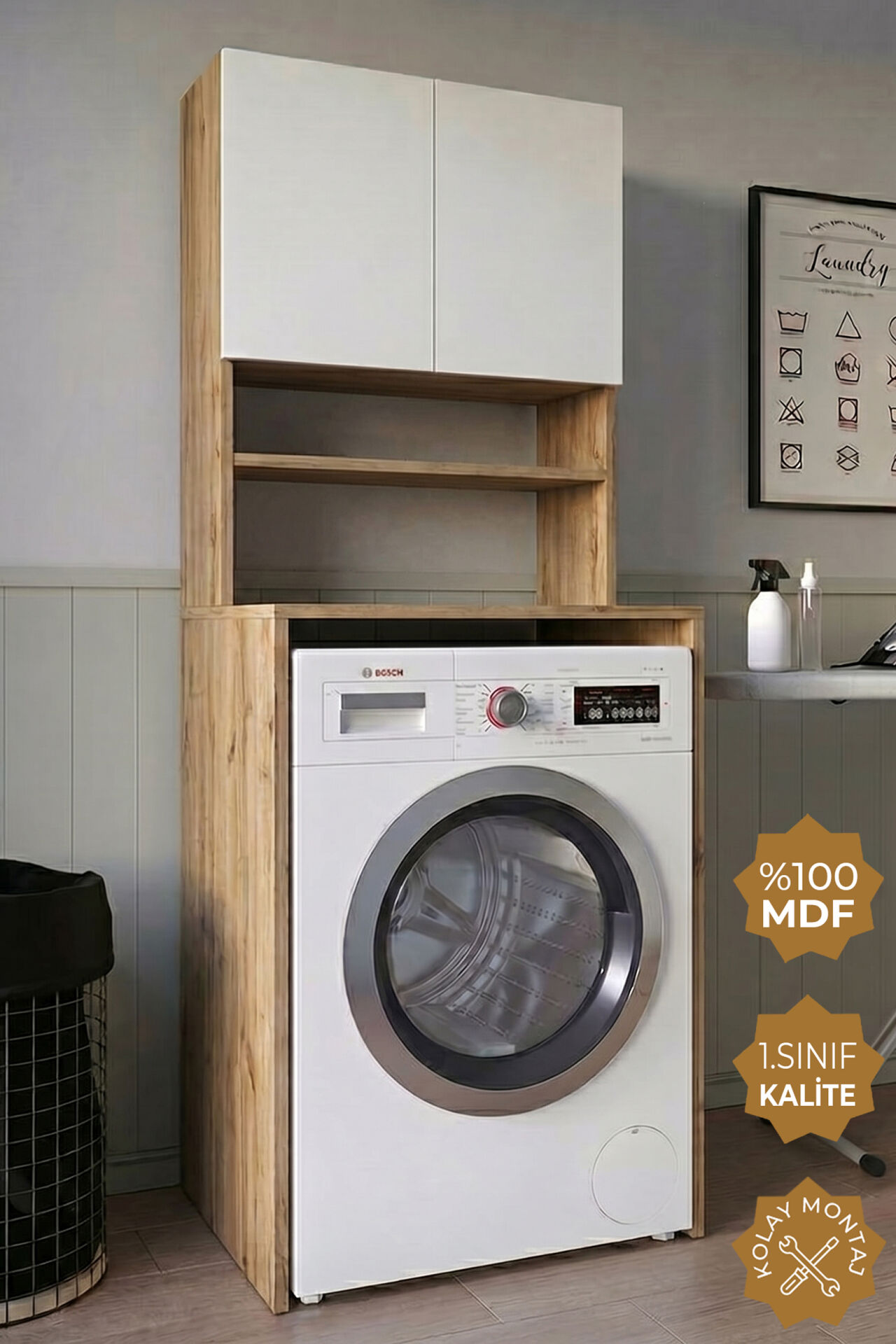 Teta Home Çamaşır Makinesi Dolabı + Kapaklı Kiler Dolabı Atlantik Çam-Beyaz