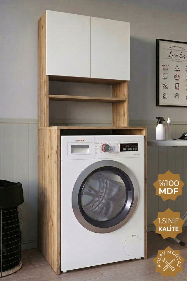 Teta Home Çamaşır Makinesi Dolabı + Kapaklı Kiler Dolabı Atlantik Çam-Beyaz