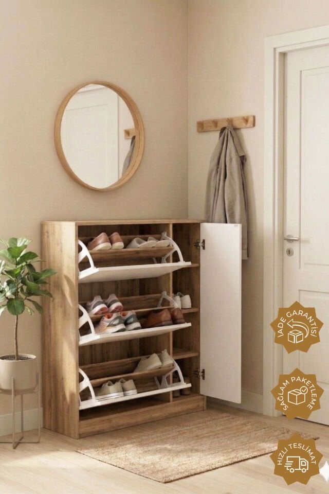 Teta Home Düşer Kapaklı 3 Bölmeli Ayakkabılık