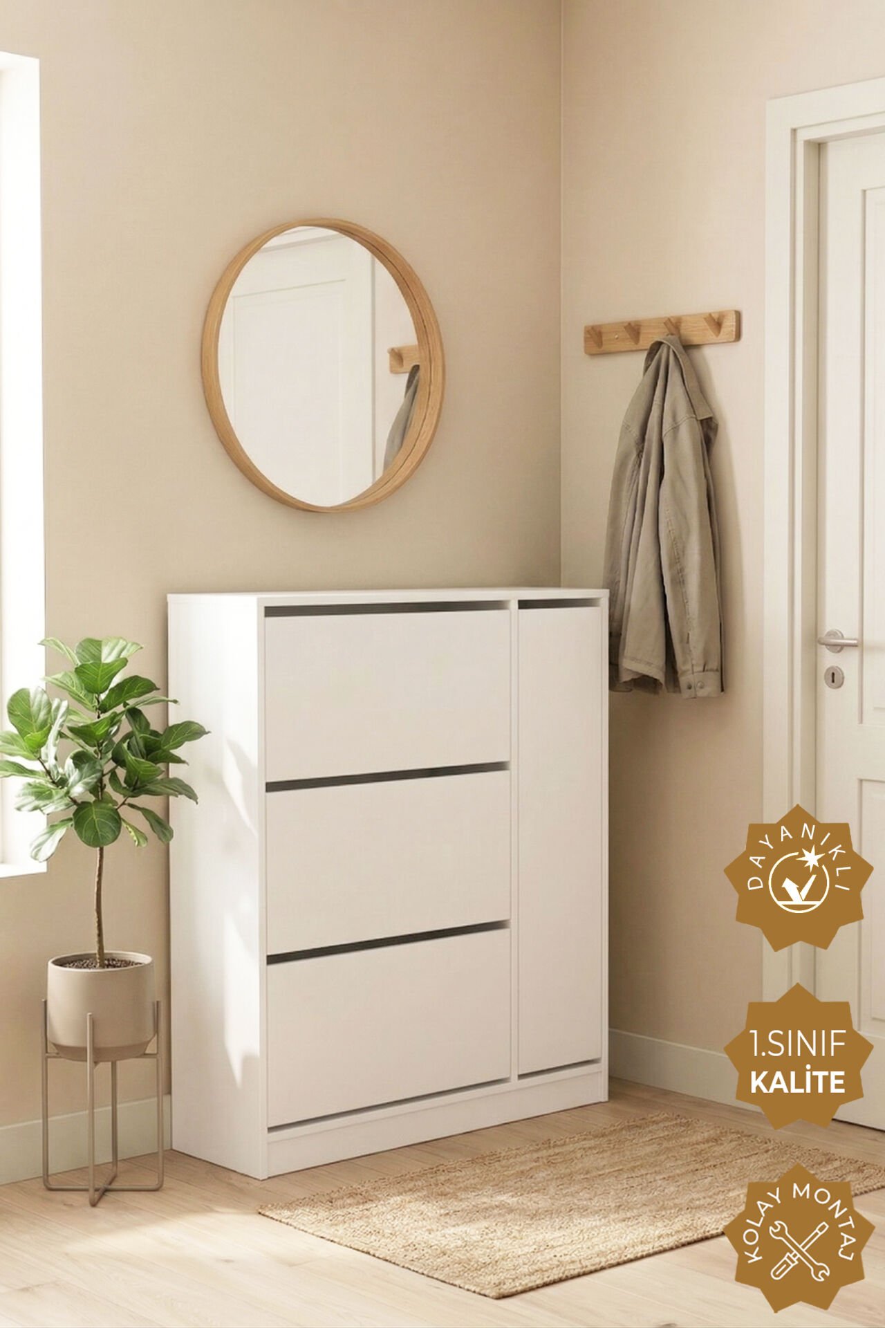 Teta Home Düşer Kapaklı 3 Bölmeli Ayakkabılık Beyaz