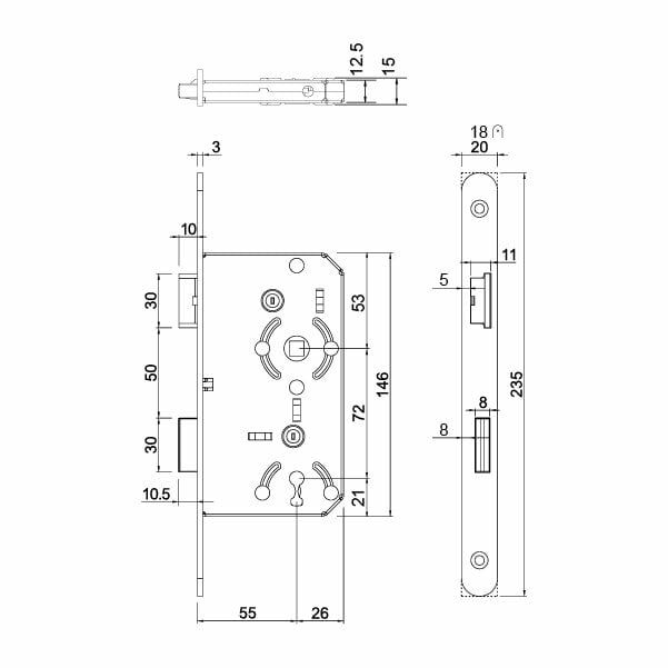 Hafele Gömme Kilit Oda Tipi 55/18mm, Sol Yönlü Parlak Pirinç Renk