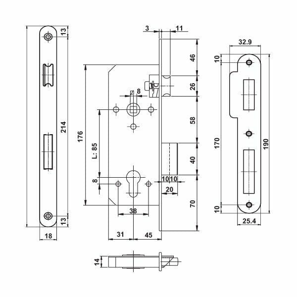 Hafele Gömme (Metal Dilli) Kilit H45.01 WC45/18mm Mat Nikel Renk
