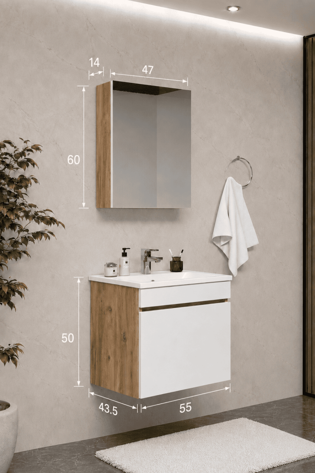 Teta Home Tokyo 55 cm MDF Banyo Dolabı Seti Atlantik Çam-Beyaz