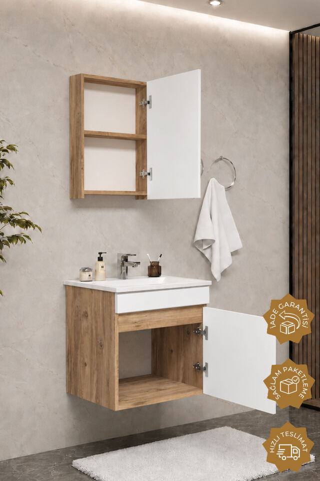 Teta Home Tokyo 55 cm MDF Banyo Dolabı Seti Atlantik Çam-Beyaz