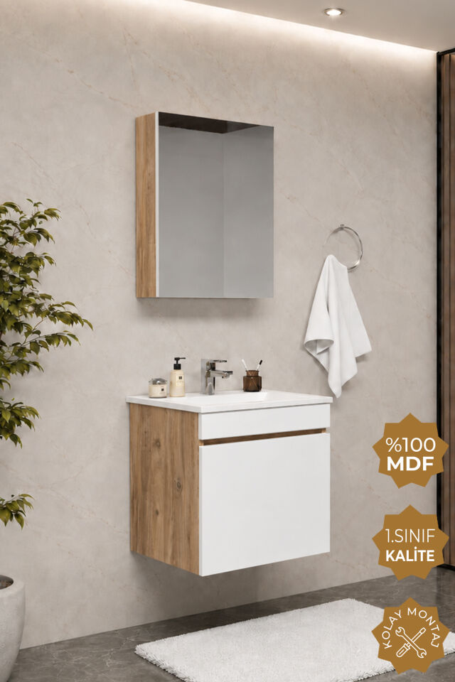 Teta Home Tokyo 55 cm MDF Banyo Dolabı Seti Atlantik Çam-Beyaz