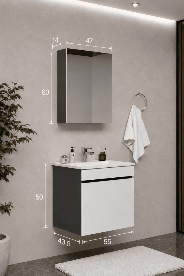 Teta Home Tokyo 55 cm MDF Banyo Dolabı Seti Antrasit-Beyaz
