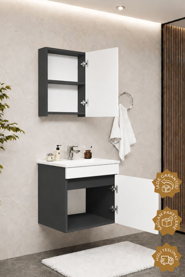 Teta Home Tokyo 55 cm MDF Banyo Dolabı Seti Antrasit-Beyaz