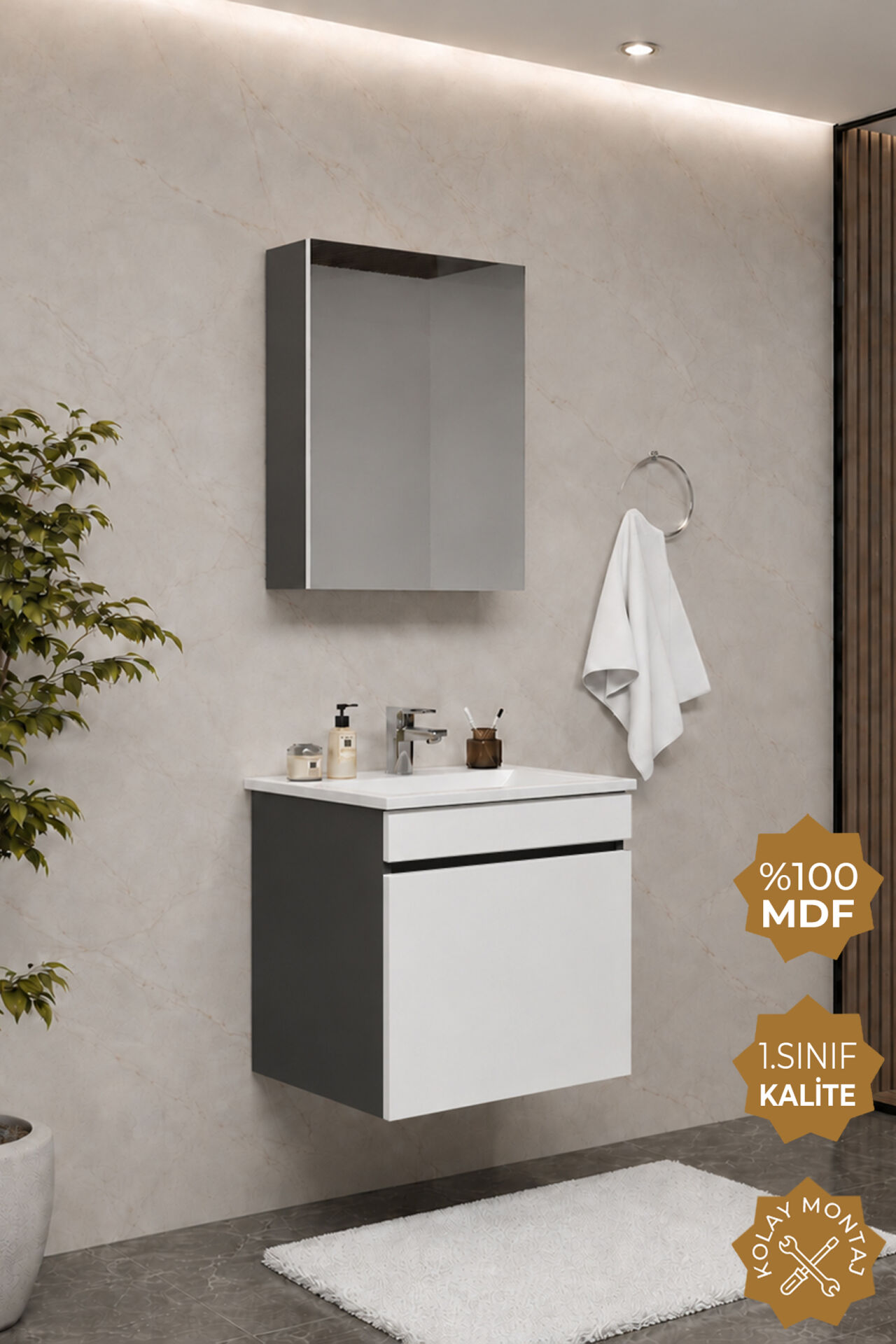 Teta Home Tokyo 55 cm MDF Banyo Dolabı Seti Antrasit-Beyaz