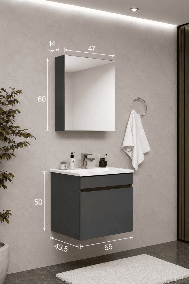 Teta Home Tokyo 55 cm MDF Banyo Dolabı Seti Antrasit