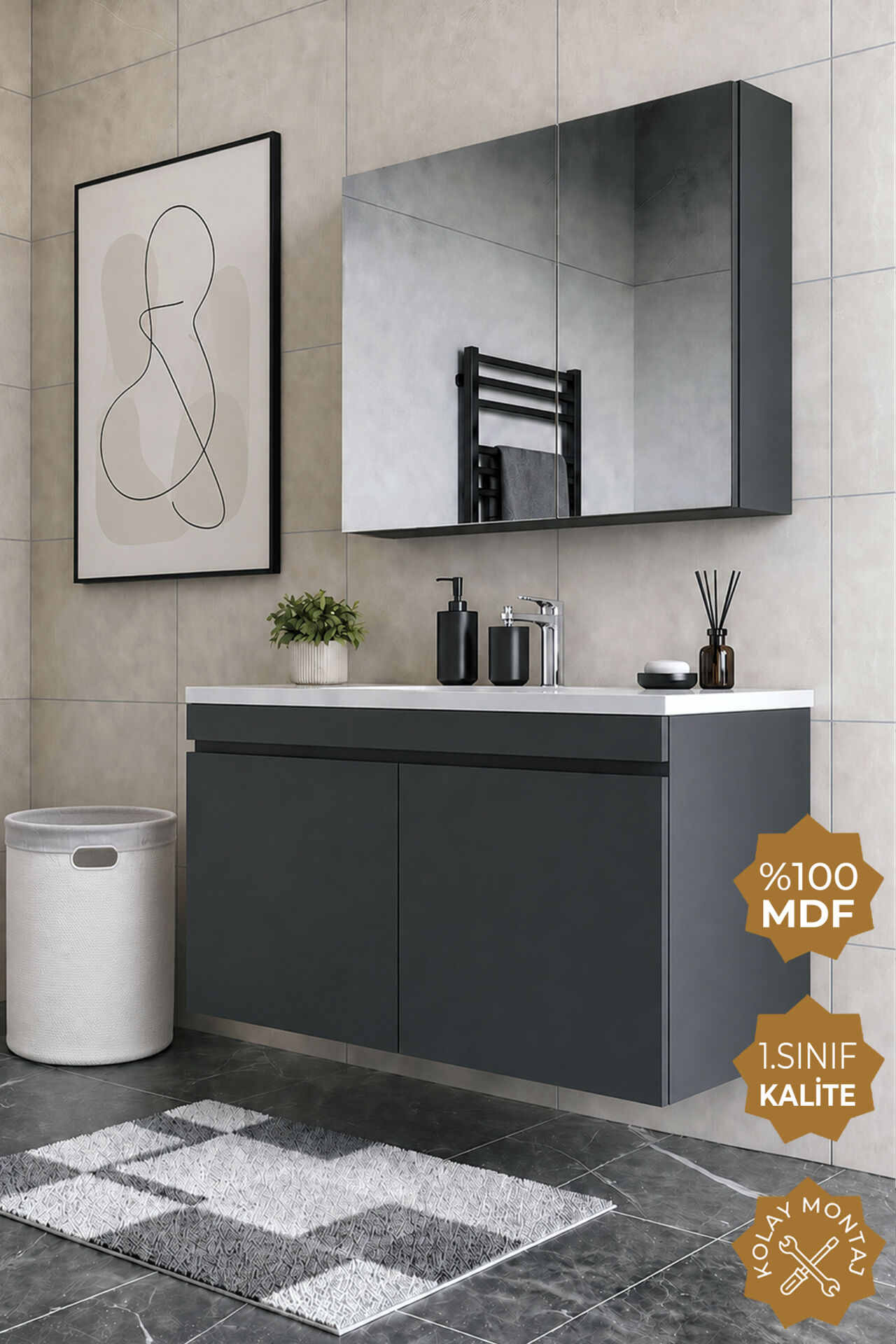 Teta Home Tokyo 100 cm MDF Banyo Dolabı Seti Antrasit