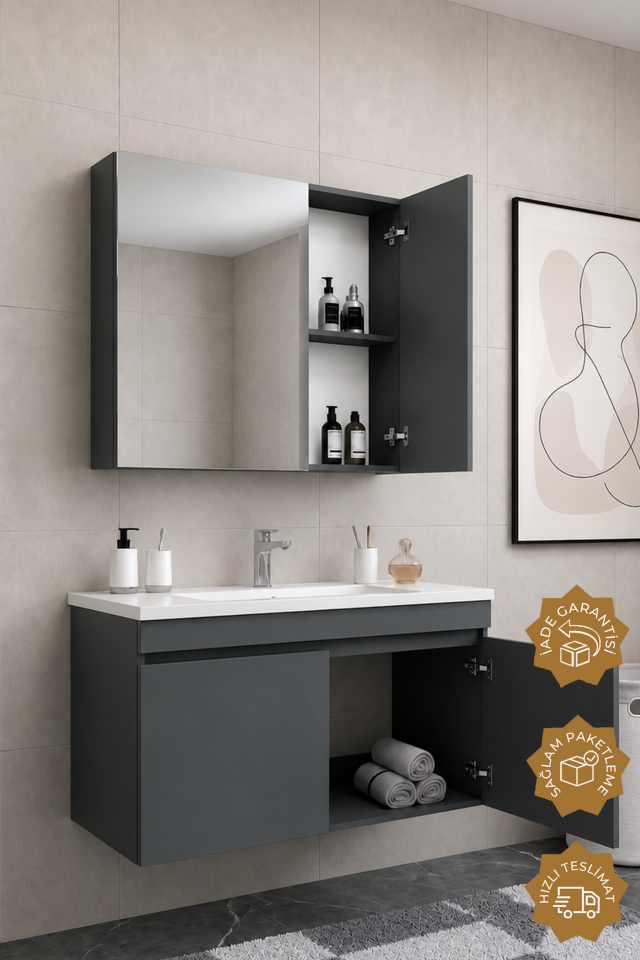 Teta Home Tokyo 100 cm MDF Banyo Dolabı Seti Antrasit