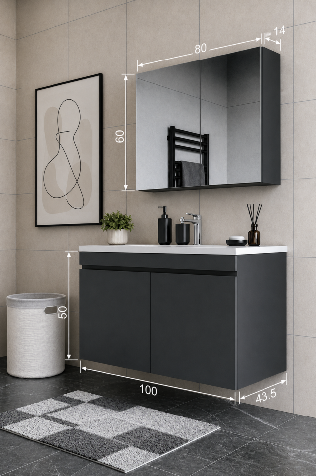 Teta Home Tokyo 100 cm MDF Banyo Dolabı Seti Antrasit