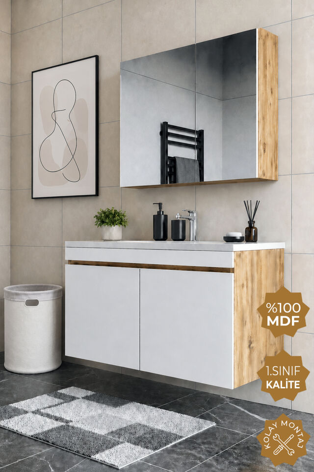 Teta Home Tokyo 100 cm MDF Banyo Dolabı Seti Atlantik Çam-Beyaz