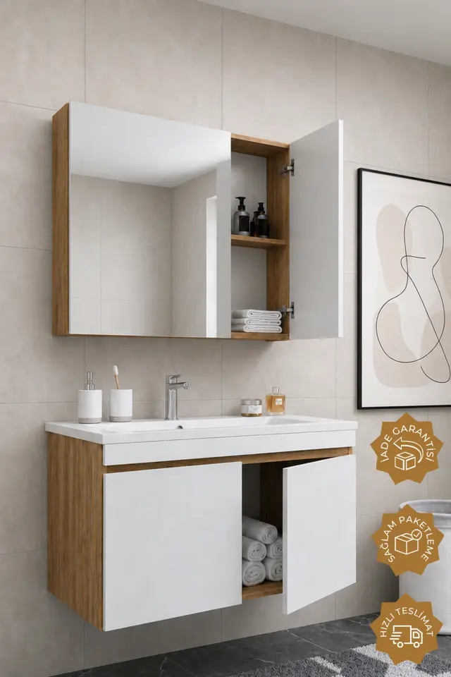 Teta Home Tokyo 100 cm MDF Banyo Dolabı Seti Atlantik Çam-Beyaz