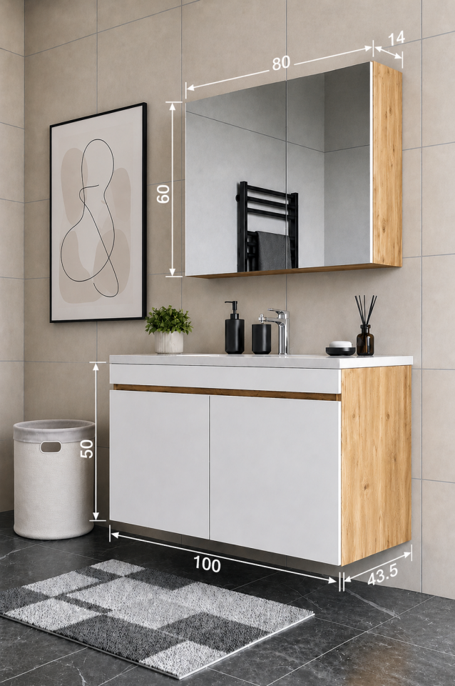 Teta Home Tokyo 100 cm MDF Banyo Dolabı Seti Atlantik Çam-Beyaz