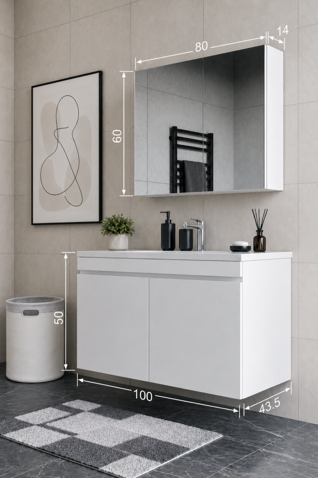Teta Home Tokyo 100 cm MDF Banyo Dolabı Seti Beyaz